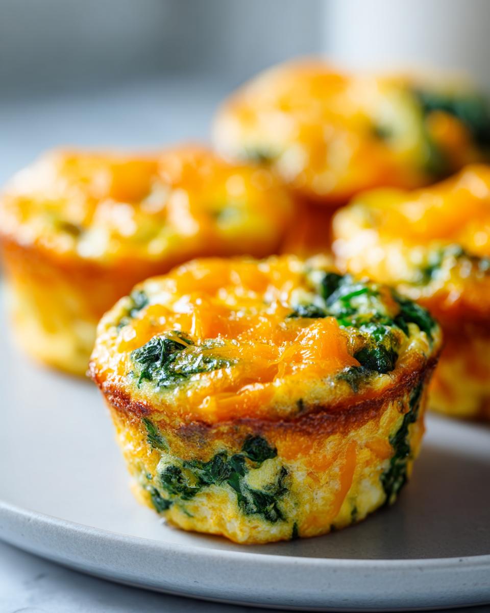 A close-up of a baked spinach and cheddar cheese egg muffin sitting on a light gray plate.
