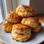 A stack of six fluffy sweet potato biscuits drizzled with a shiny orange glaze, sitting on a light gray plate.
