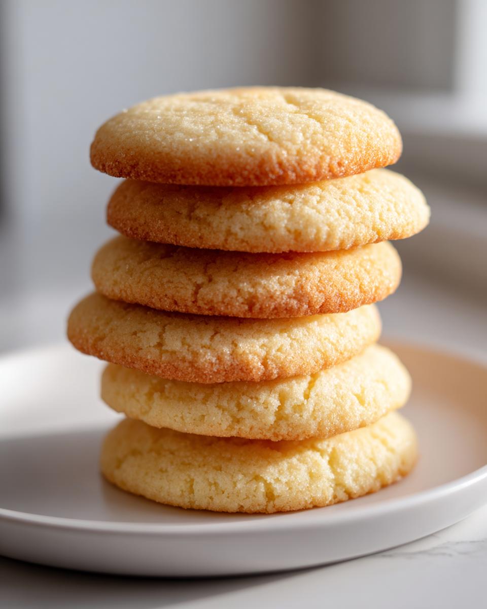 A vertical stack of five golden-brown sugar cookies dusted lightly with sugar, sitting on a white plate.