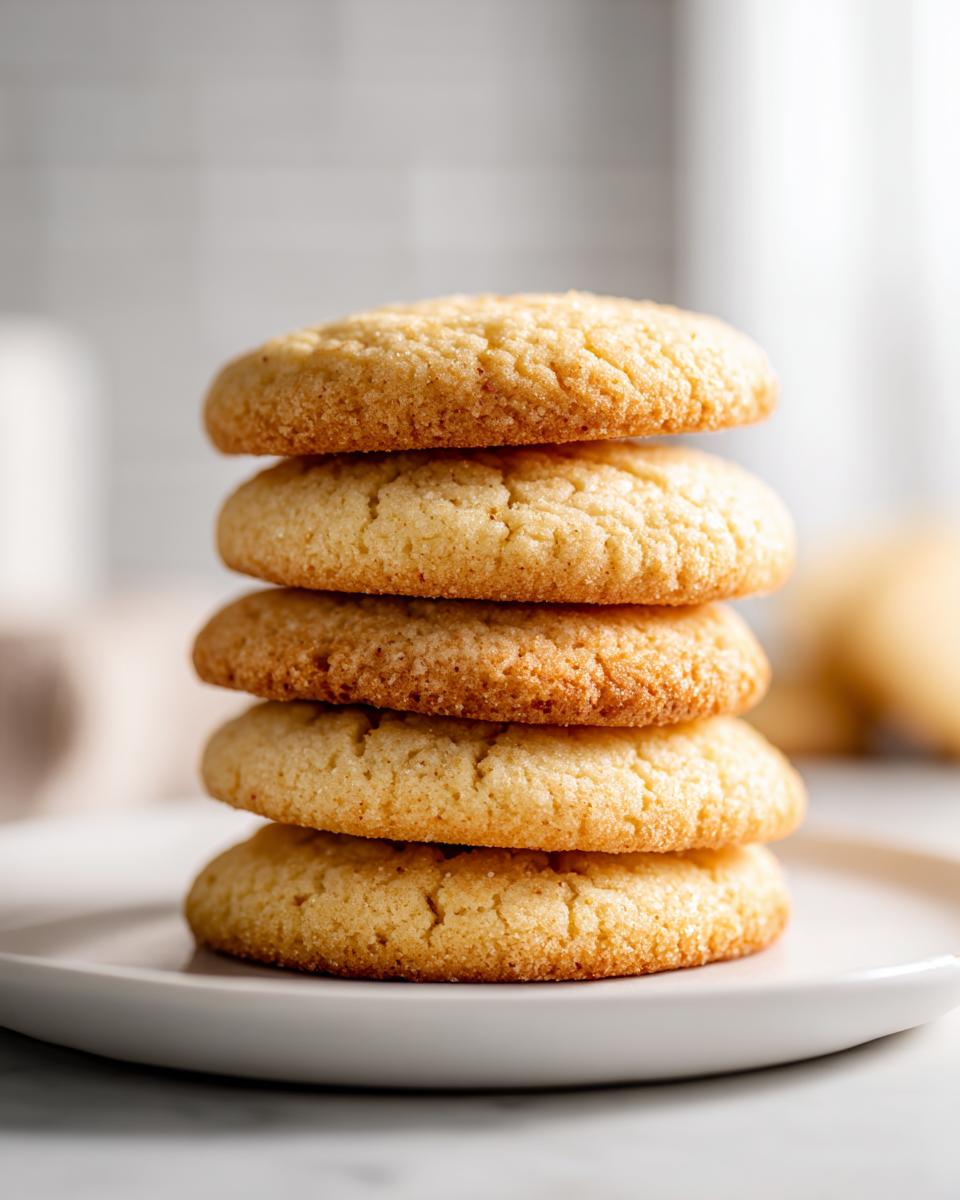 A vertical stack of five golden brown, slightly textured sugar cookies resting on a white plate.