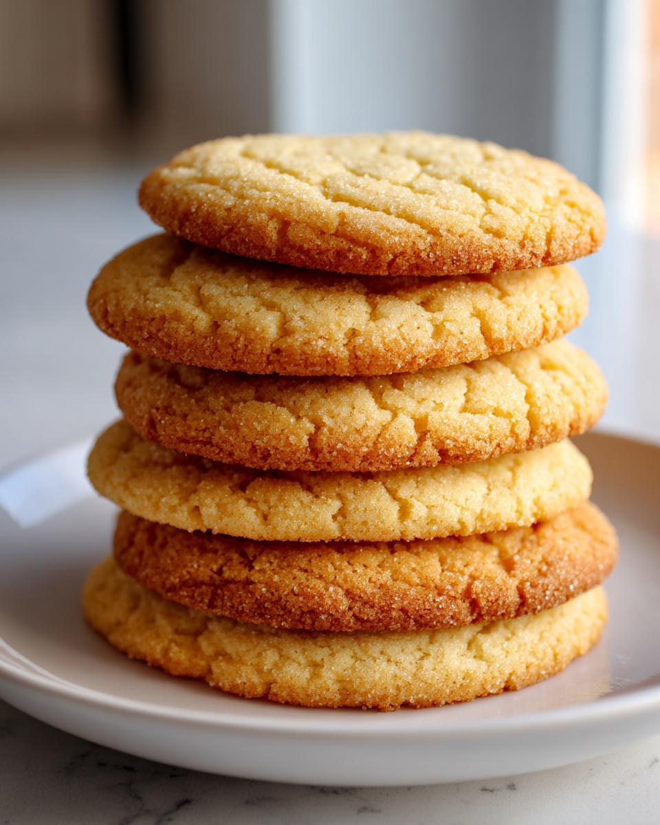 A vertical stack of five golden brown sugar cookies coated in sparkling sugar on a light plate.