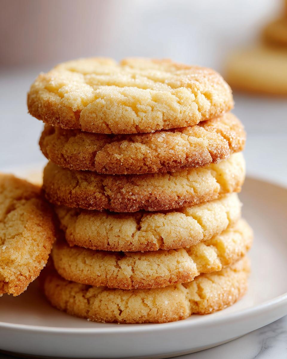 A tall stack of six golden brown sugar cookies, lightly coated in sparkling sugar, sitting on a white plate.