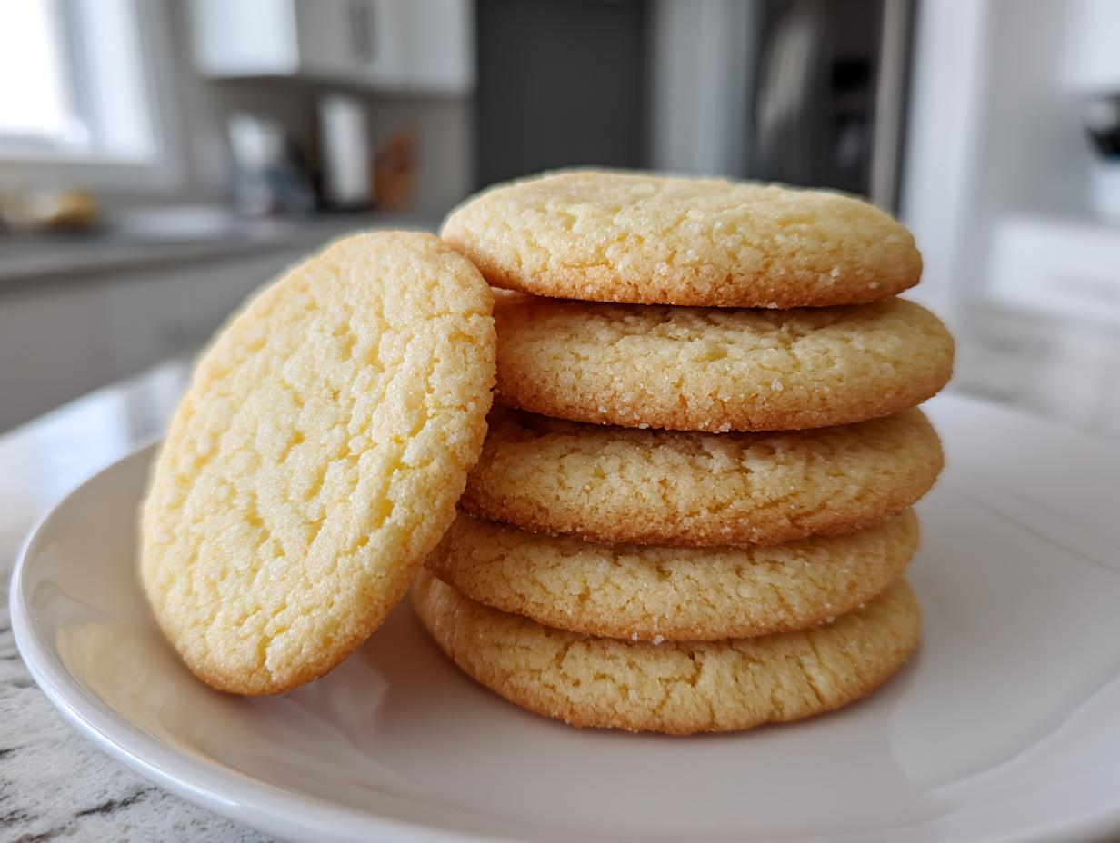A stack of five golden, round sugar cookies, lightly coated in sugar, resting on a white plate.