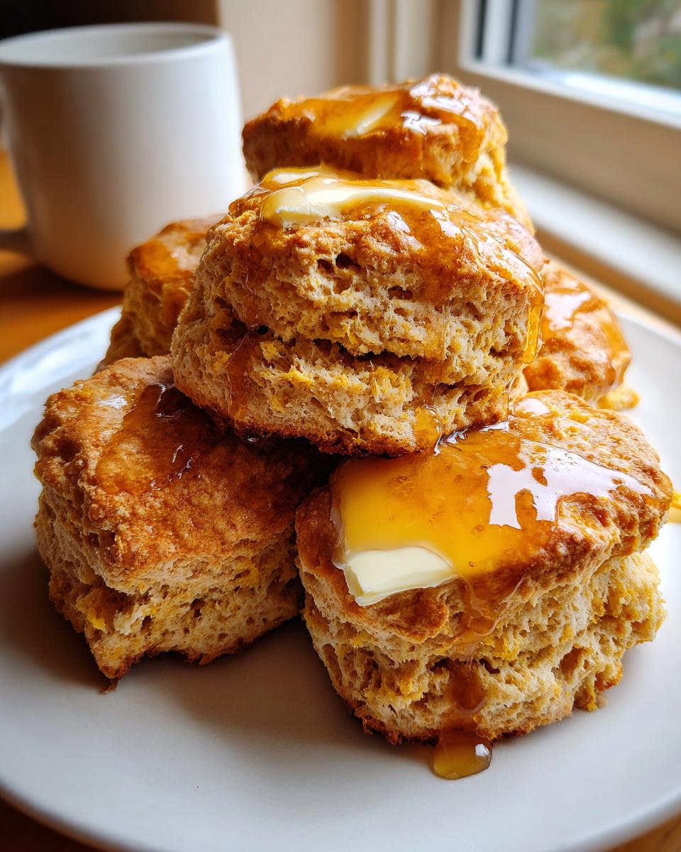 A stack of fluffy sweet potato biscuits topped with melting butter and drizzled with golden honey.