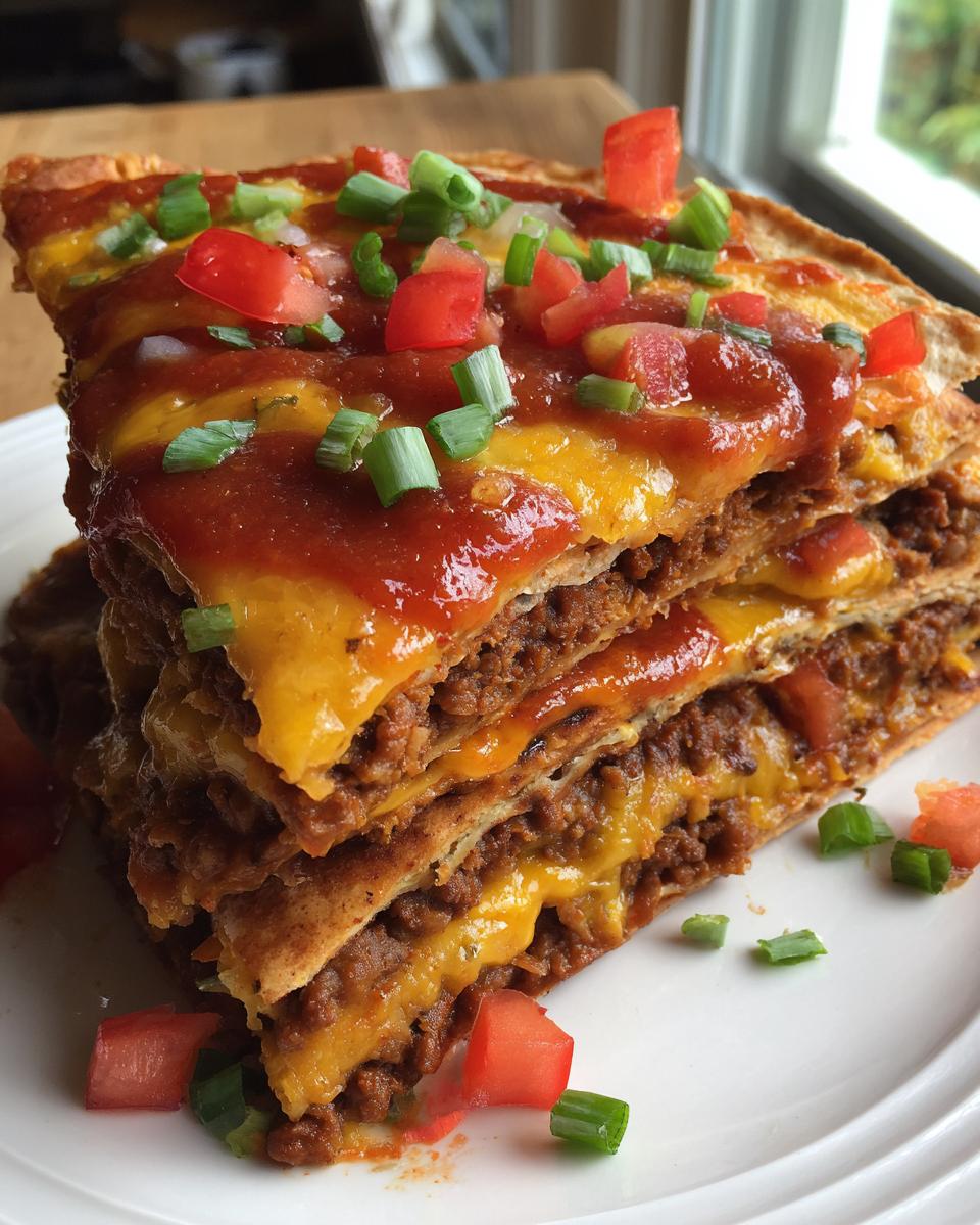 A tall stack of layered mexican pizza slices featuring seasoned ground beef, melted cheese, and salsa topping.