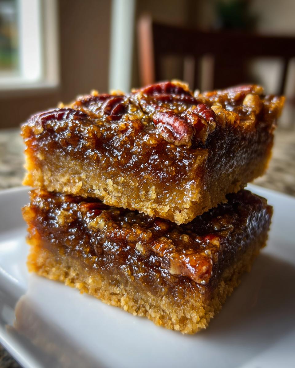 Two decadent pecan pie bars stacked on a white plate, showing a thick, gooey filling and pecan topping.