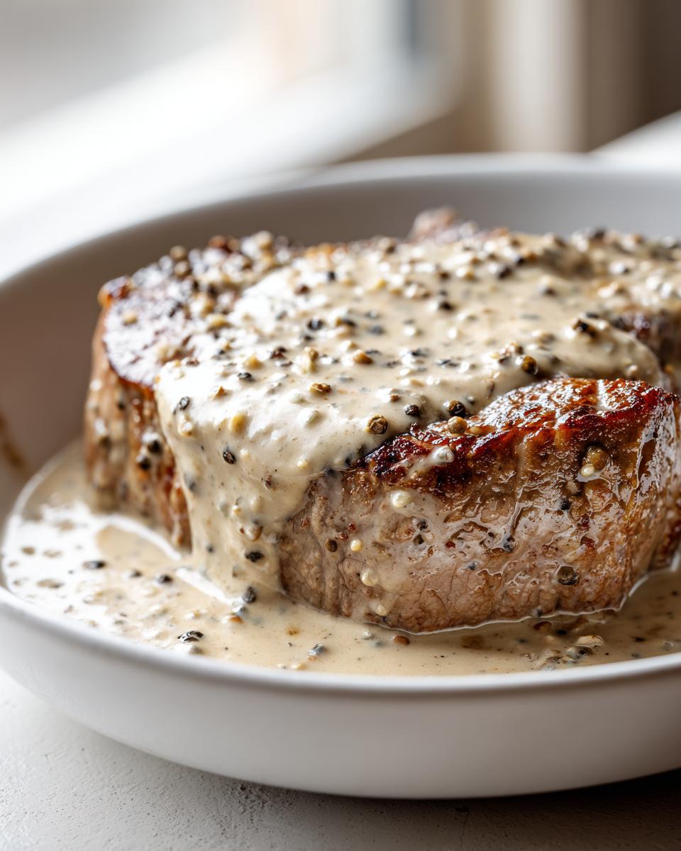 Close-up of a perfectly cooked steak generously topped with creamy peppercorn sauce.
