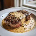 Two seared steaks generously covered in creamy peppercorn sauce and whole peppercorns.