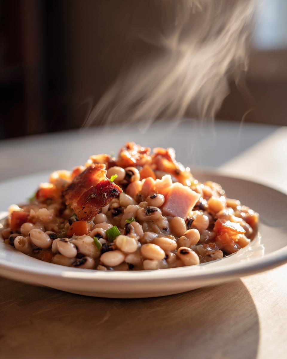 A close-up of a steaming bowl of savory black eyed peas recipe topped with crispy bacon pieces.