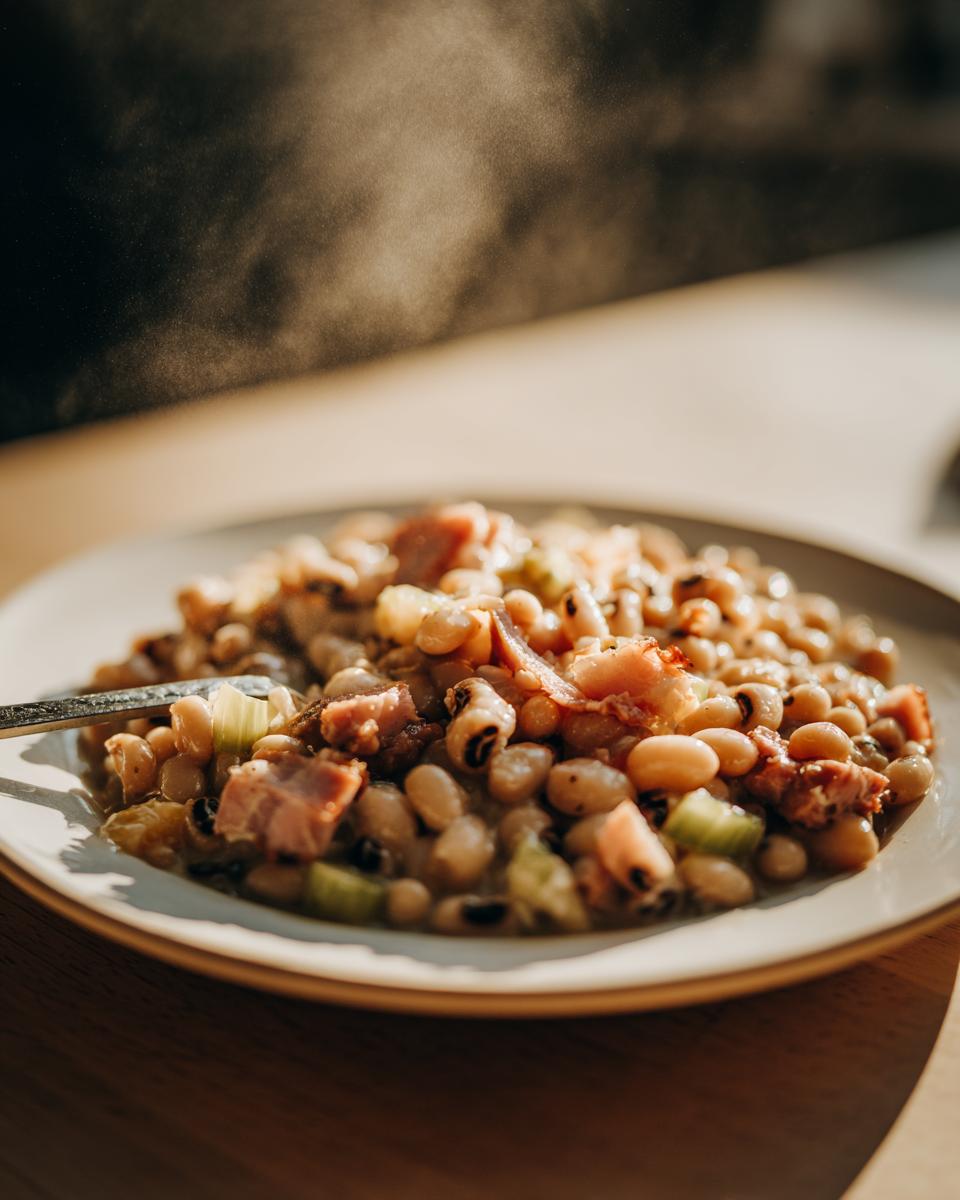 Close-up of a steaming bowl of black eyed peas recipe mixed with chunks of ham and celery, served on a white plate.