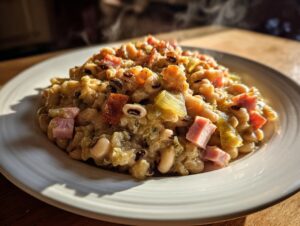 A steaming serving of a flavorful black eyed peas recipe mixed with diced ham and celery on a white plate.
