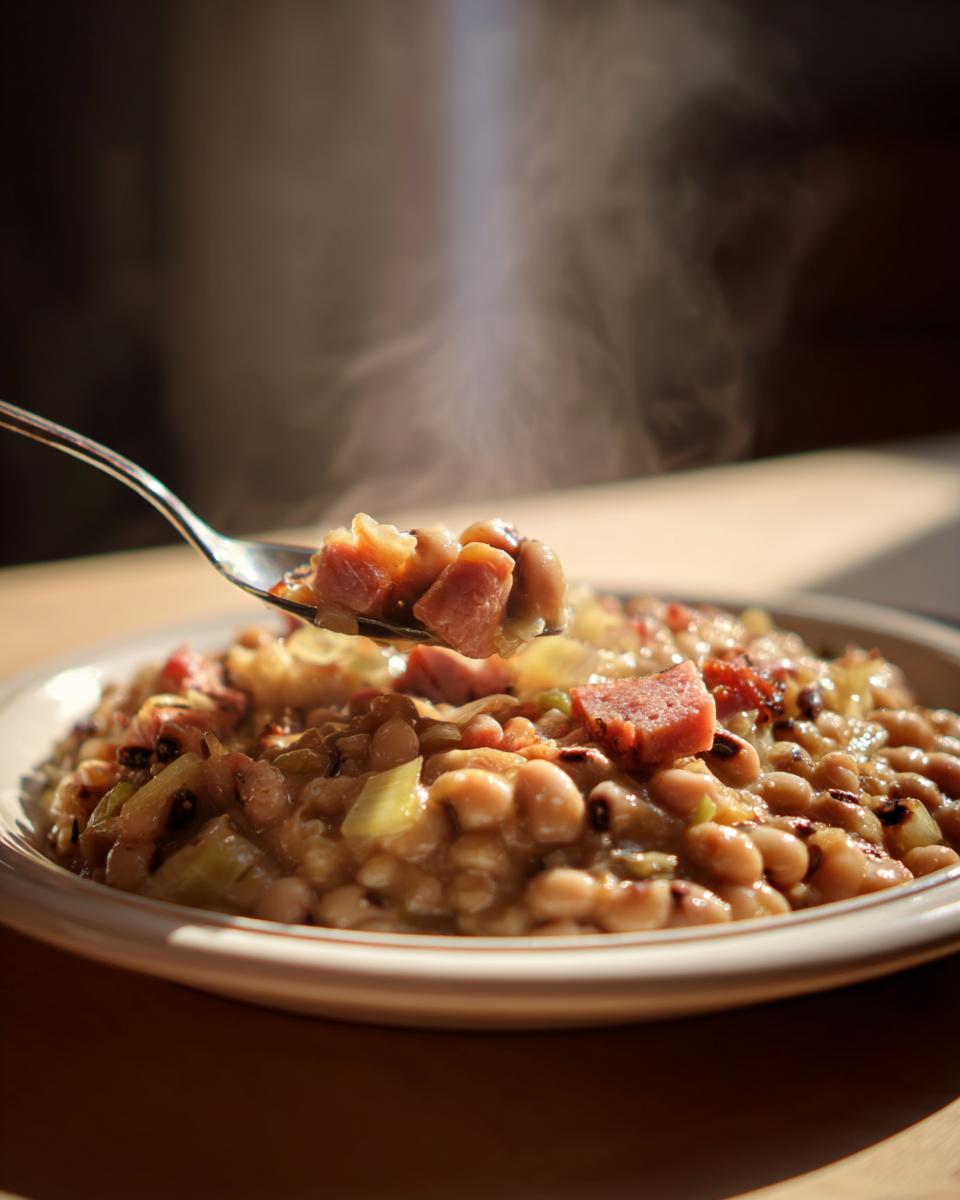 A spoonful of steaming hot black eyed peas recipe mixed with chunks of ham and celery being lifted from a bowl.