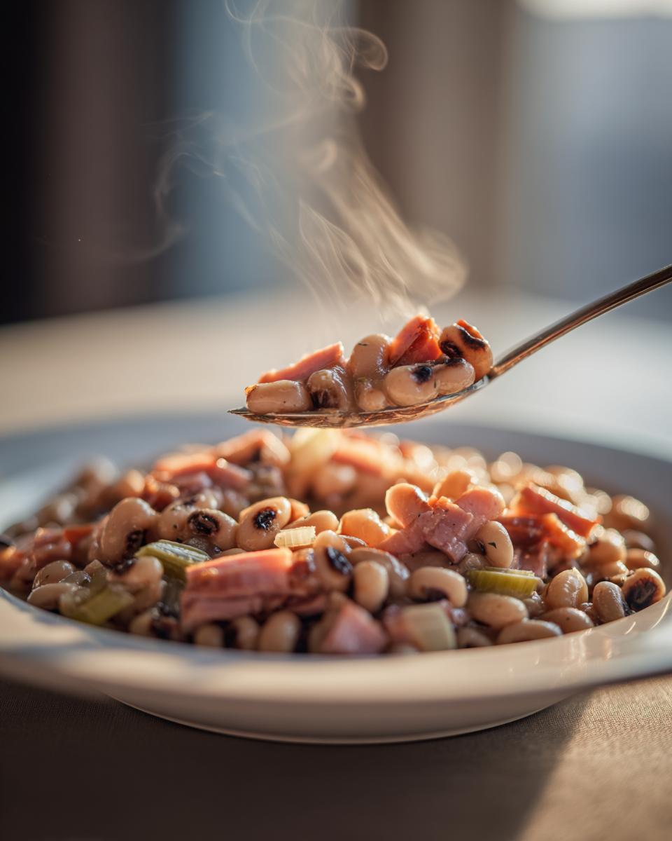 A spoonful of hot, steaming black eyed peas recipe mixed with ham and celery being lifted from a bowl.