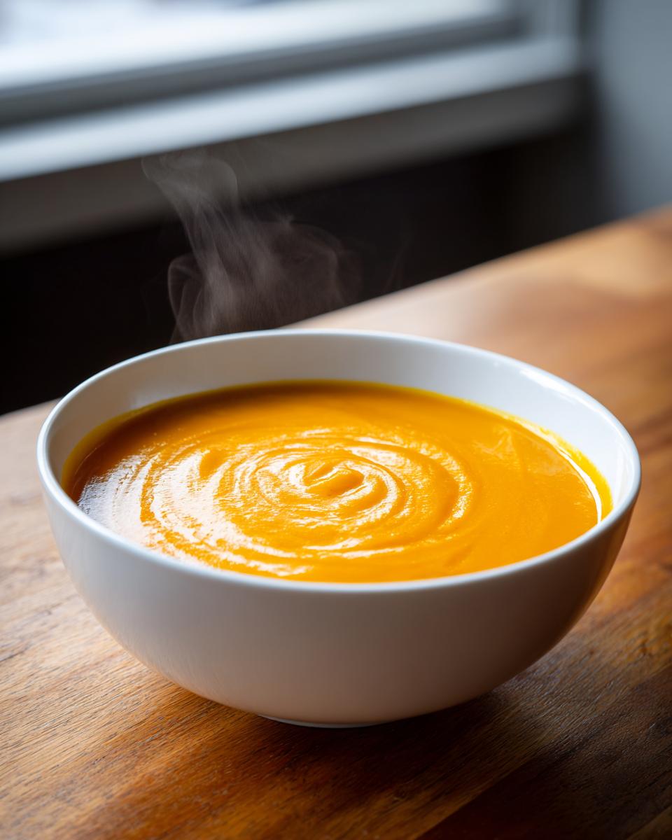 A close-up of a white bowl filled with hot, creamy orange squash soup, steam rising from the surface.