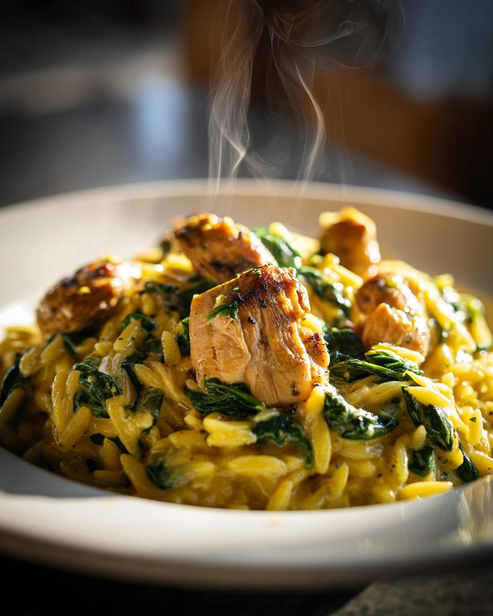 Close-up of a steaming bowl of creamy lemon chicken orzo mixed with vibrant green spinach and topped with seared chicken pieces.
