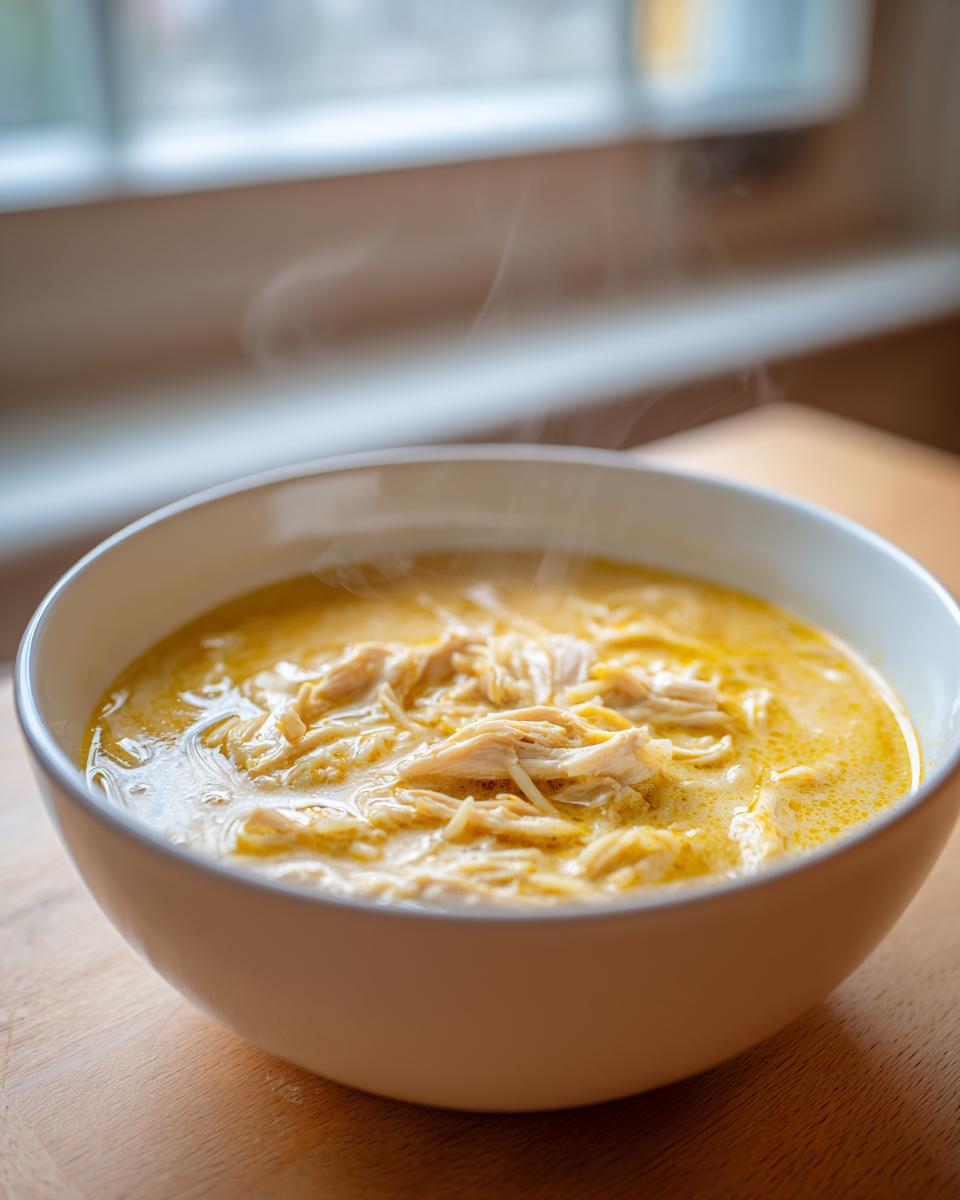 Close-up of a steaming white bowl filled with creamy lemon chicken soup featuring shredded chicken.