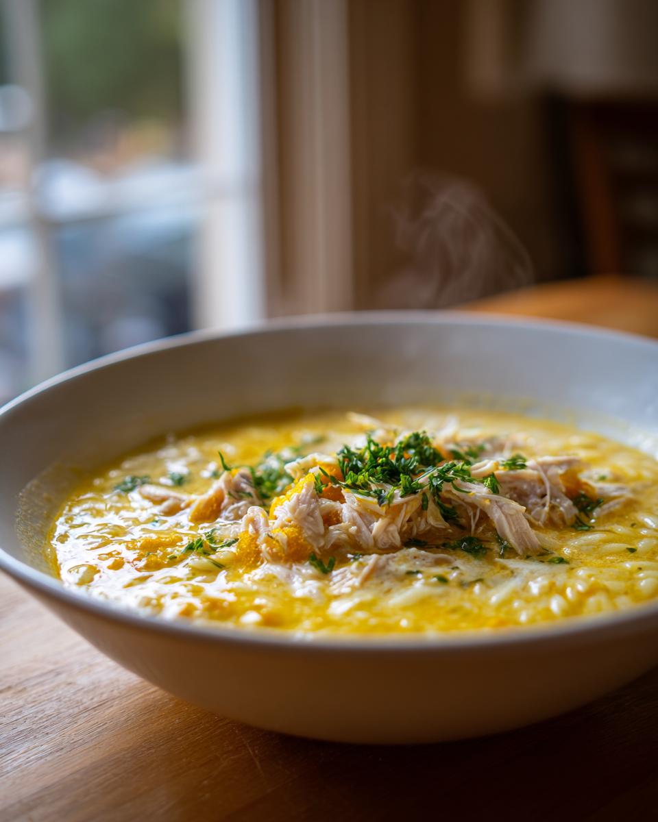 Close-up of a steaming bowl of creamy lemon chicken soup topped with shredded chicken and fresh parsley.