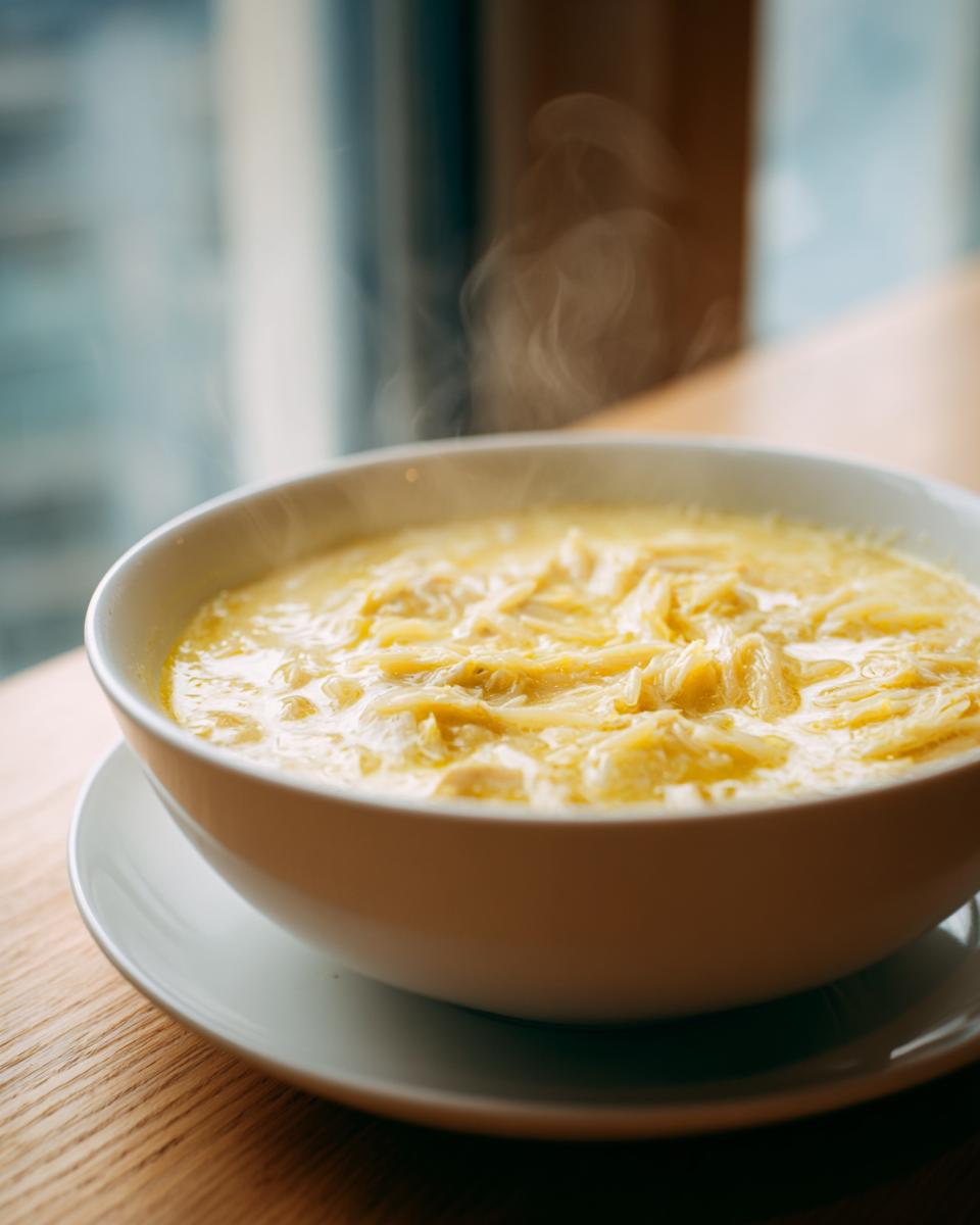 A close-up of a steaming white bowl filled with creamy lemon chicken soup containing shredded chicken and noodles.