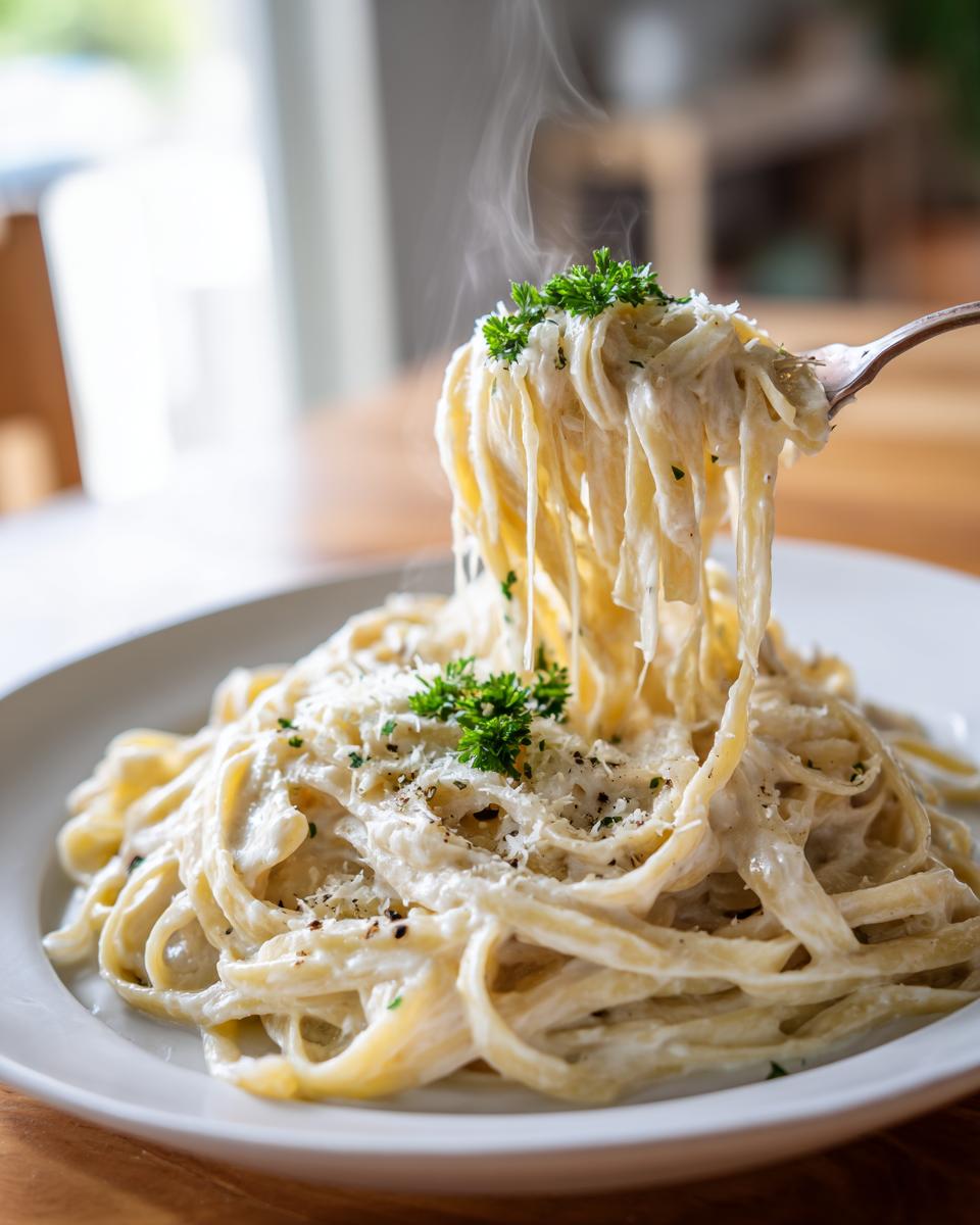 A fork lifts steaming strands of creamy parmesan pasta topped with grated cheese and fresh parsley.