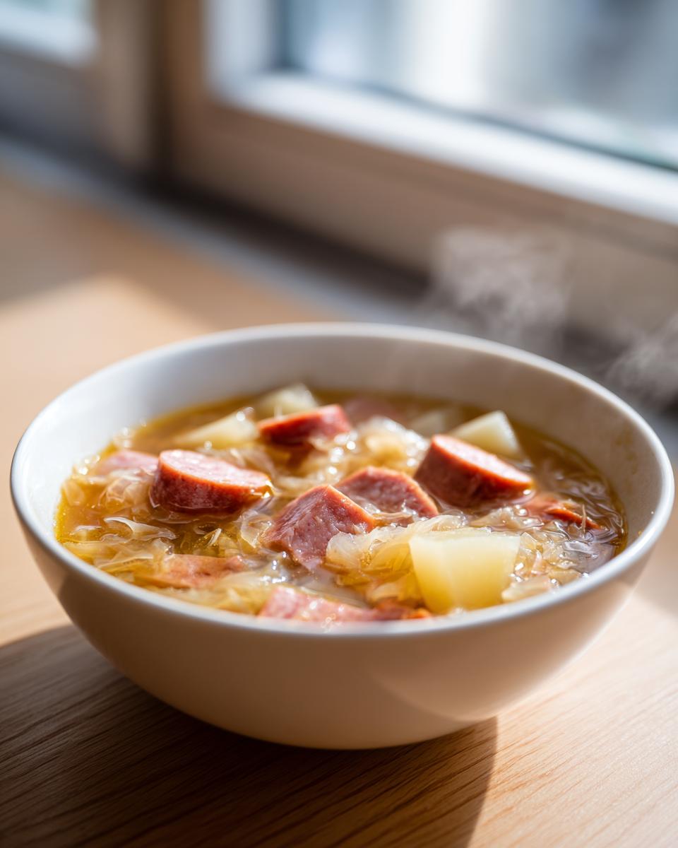 A close-up of a steaming white bowl filled with hearty sauerkraut soup, featuring chunks of sausage and potatoes.