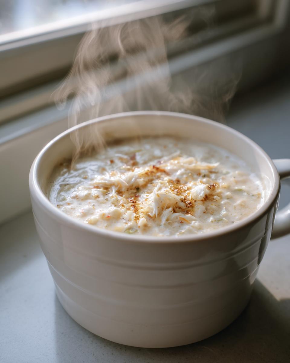A steaming white mug filled with creamy she crab soup, topped with shredded crab meat and seasoning.