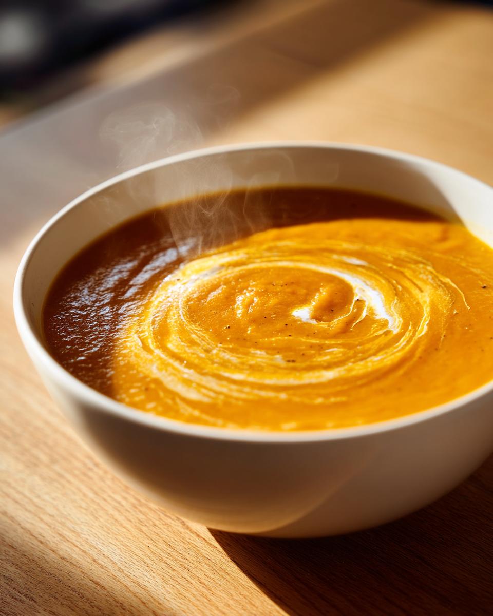 Close-up of a hot, vibrant orange squash soup in a white bowl, topped with a cream swirl.