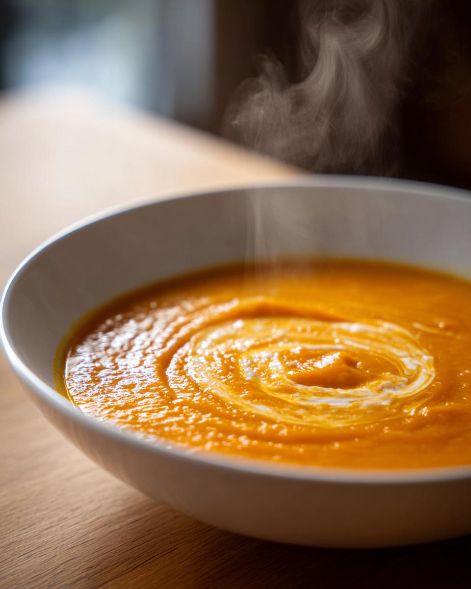 Close-up of a steaming bowl of vibrant orange squash soup, swirled with cream.