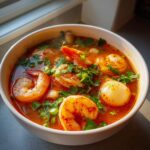 Close-up of a white bowl filled with vibrant, spicy tom yum soup featuring large shrimp and fresh cilantro.