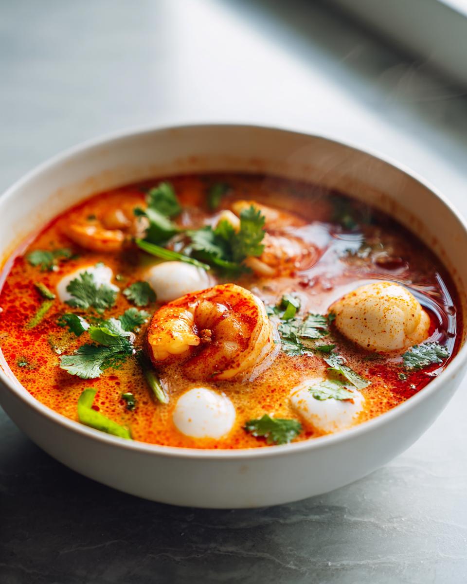 Close-up of a steaming bowl of vibrant orange tom yum soup featuring large shrimp and white fish balls, garnished with cilantro.