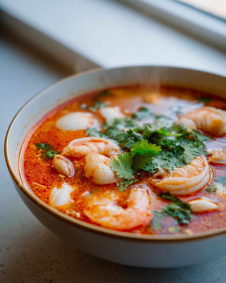 Close-up of a steaming bowl of vibrant red tom yum soup filled with large shrimp and fresh cilantro.