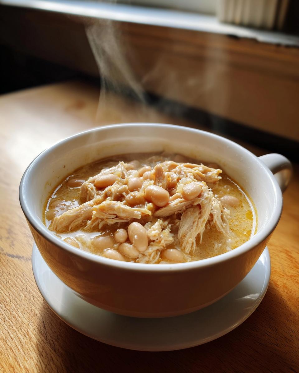A steaming hot bowl of creamy white chicken chili featuring shredded white chicken and cannellini beans.