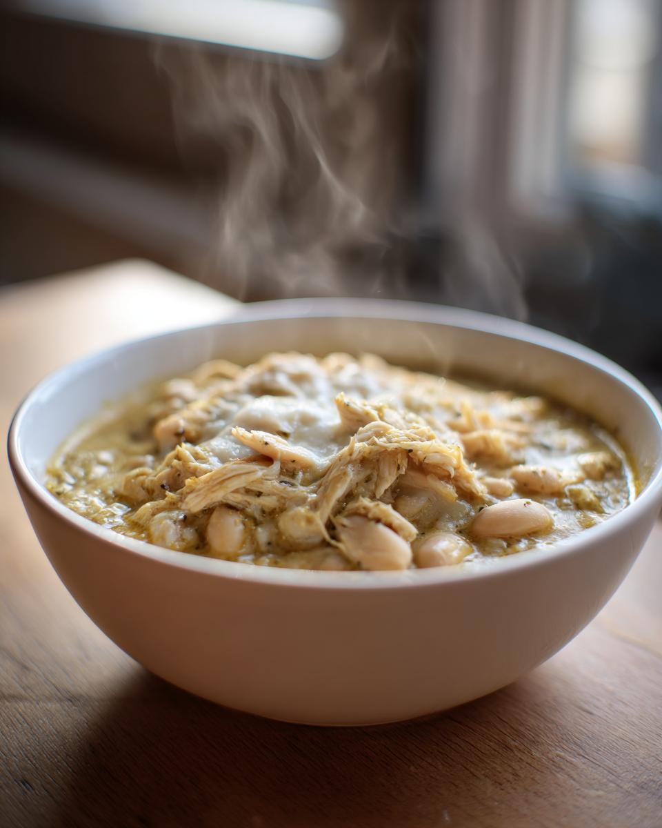 A steaming white bowl filled with white chicken chili, featuring shredded white chicken and white beans.