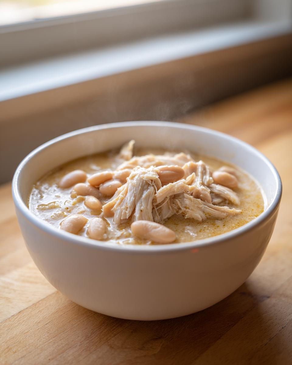 A steaming white bowl filled with creamy white chicken chili, featuring shredded white chicken and white beans.