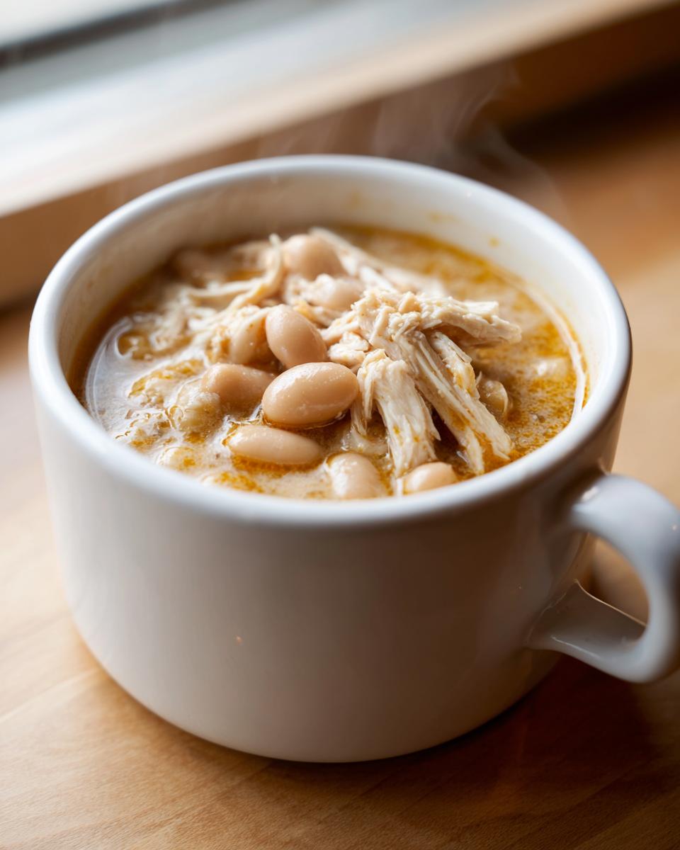 Close-up of hot white chicken chili with shredded white chicken and navy beans in a white mug.