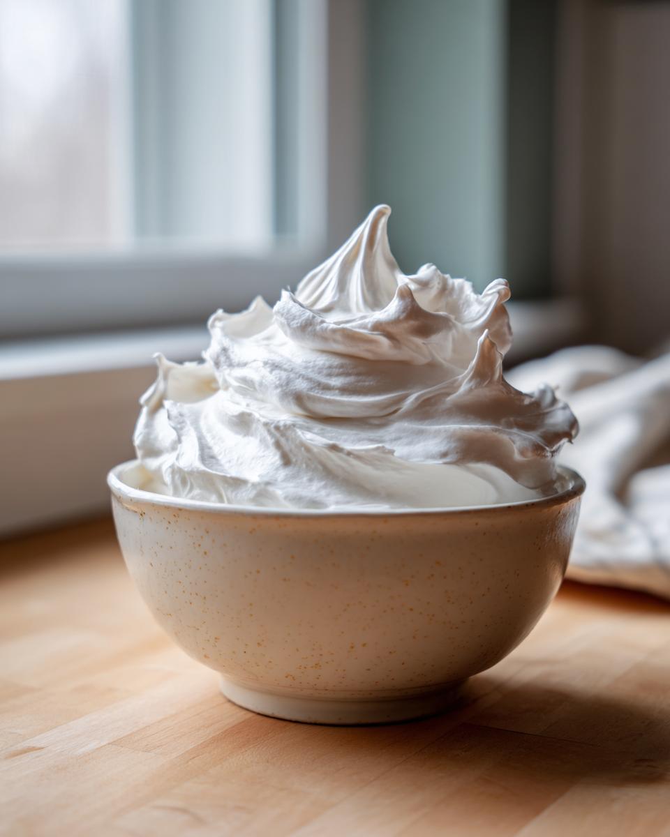 A bowl filled with perfectly whipped, stiff peaks of white royal icing recipe mixture.