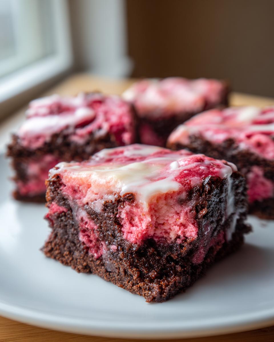 A close-up of a rich, fudgy strawberry brownie square featuring a bright pink swirl and white glaze topping.