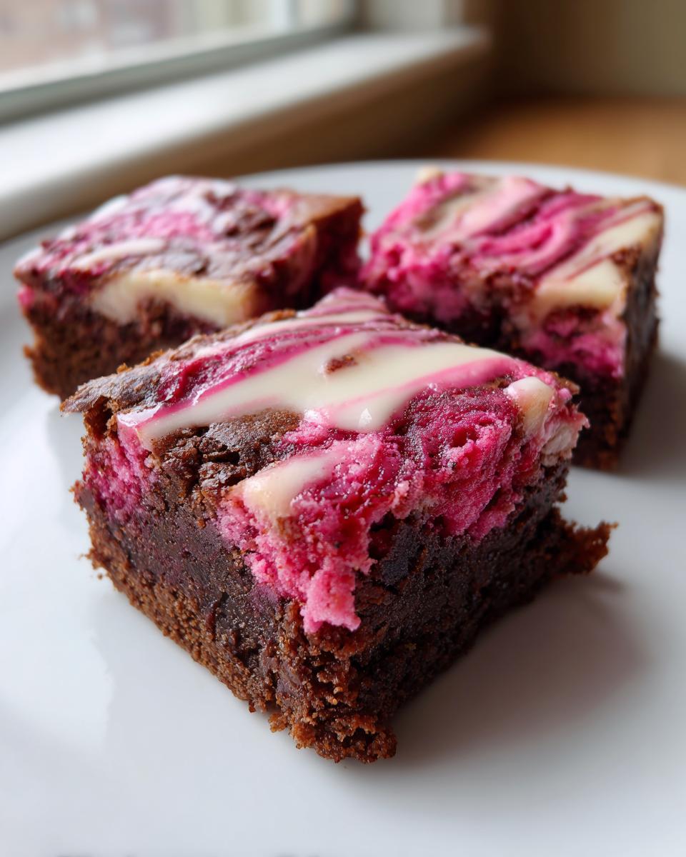 Three rich chocolate strawberry brownies with bright pink and white swirls on a white plate.
