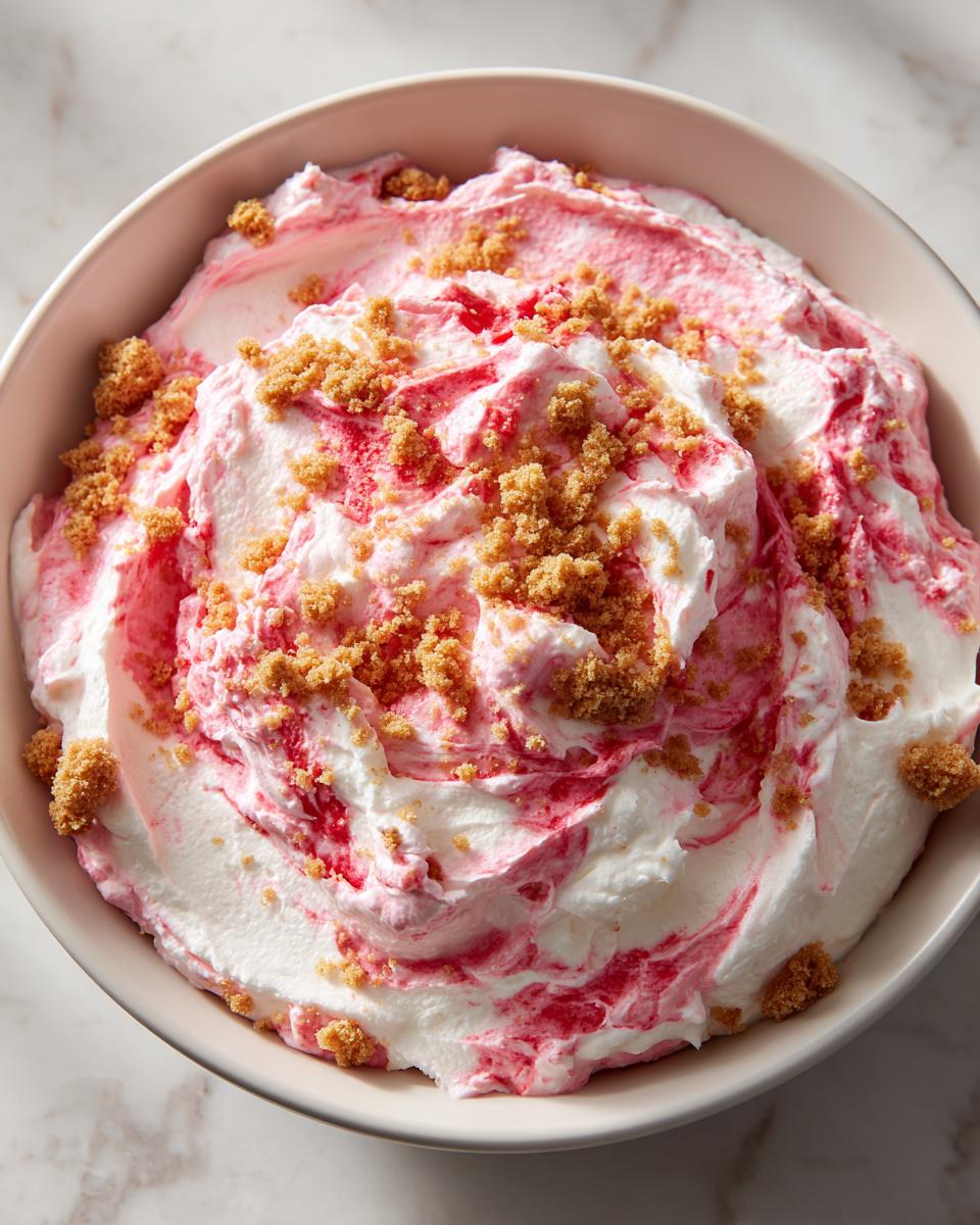 Close-up overhead view of creamy strawberry cheesecake dip swirled pink and white, topped with brown sugar crumbs.