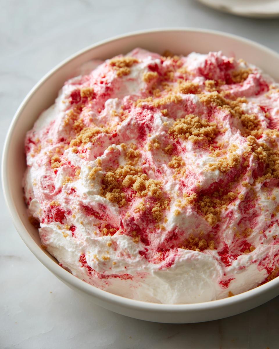 A white bowl filled with fluffy strawberry cheesecake dip, marbled pink and white, topped with graham cracker crumbs.