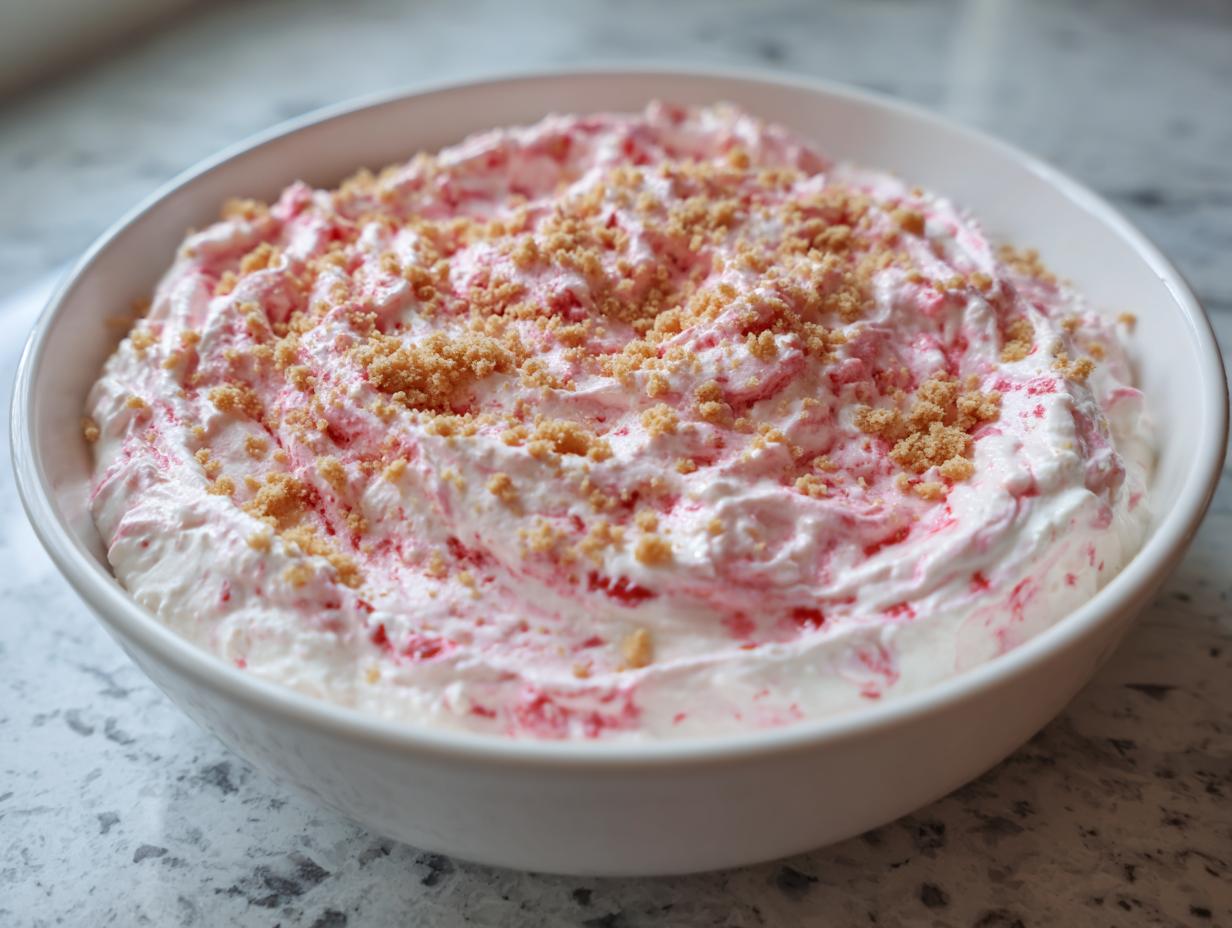 A white bowl filled with creamy, pink-swirled strawberry cheesecake dip topped with graham cracker crumbs.