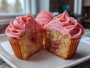 A strawberry cupcake cut in half showcasing the moist interior and bright pink strawberry frosting swirl.