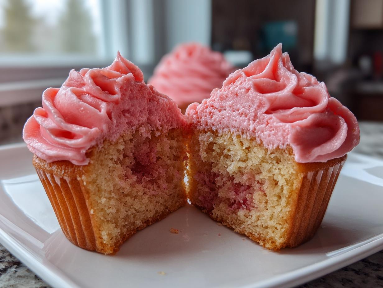 A strawberry cupcake cut in half showcasing the moist interior and bright pink strawberry frosting swirl.