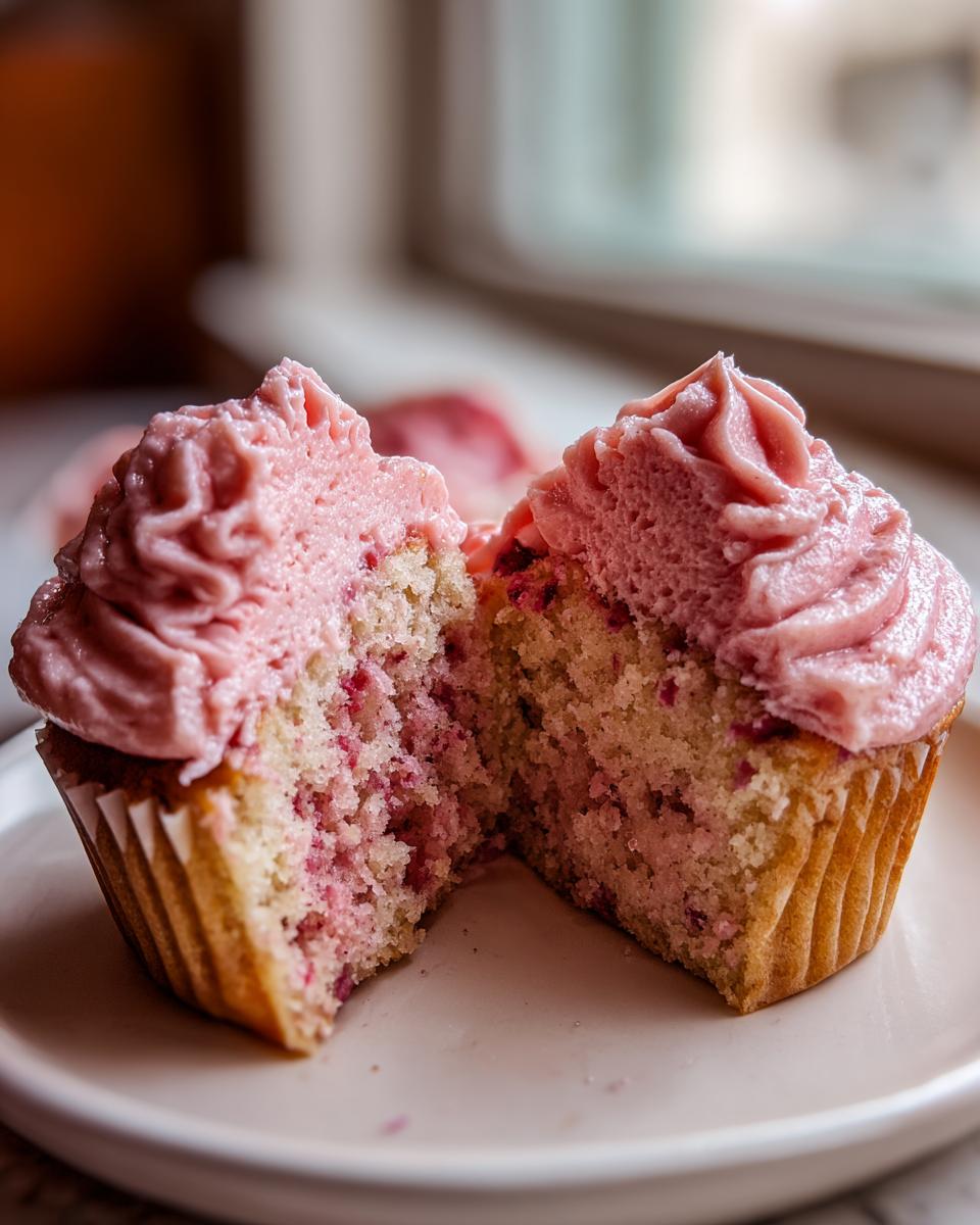 Close-up of a strawberry cupcake cut in half showing moist cake with fruit pieces and pink strawberry frosting.