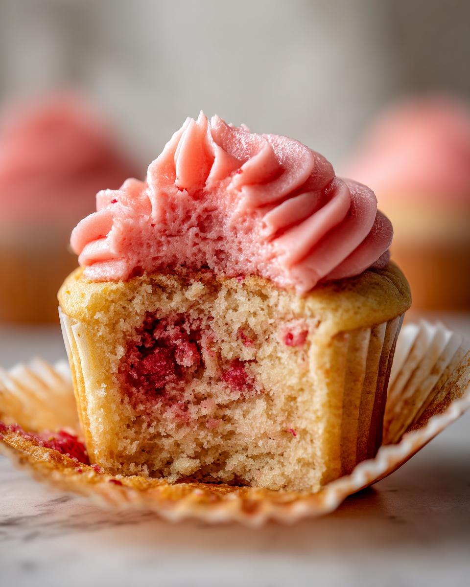 A strawberry cupcake cut in half showing the moist cake interior with strawberry filling and pink frosting.