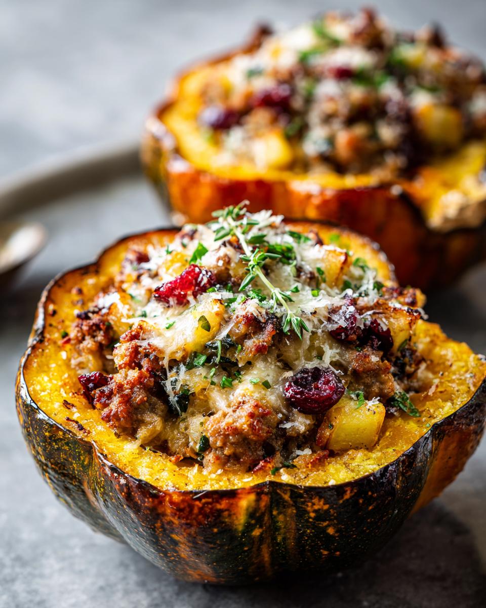 Close-up of a baked stuffed acorn squash half filled with savory stuffing, melted cheese, and dried cranberries.