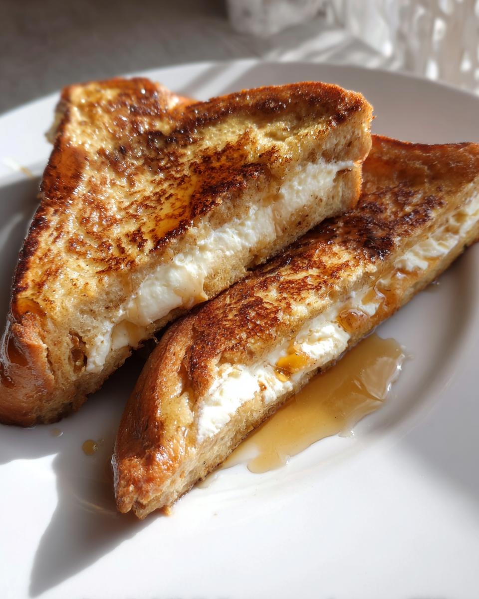 Two halves of golden brown stuffed french toast filled with white cream cheese, drizzled with syrup.