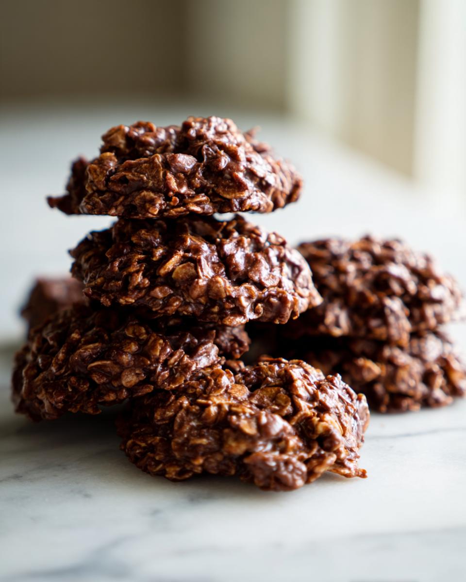 A close-up stack of rich, chocolatey no bake cookies made with oats, sitting on a white marble surface.