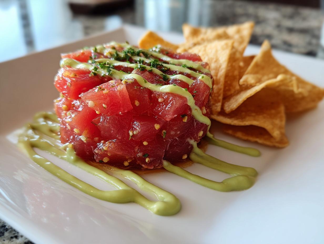 A tower of vibrant red tuna tartare drizzled with green avocado sauce and served with tortilla chips.