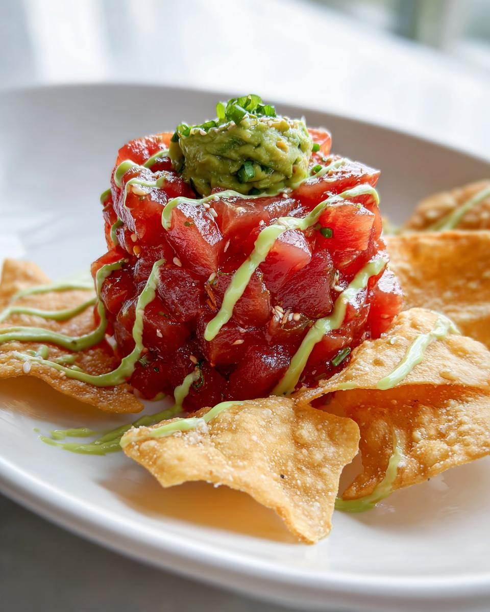 A tower of diced, bright red tuna tartare topped with guacamole and drizzled with green sauce, served with crispy chips.
