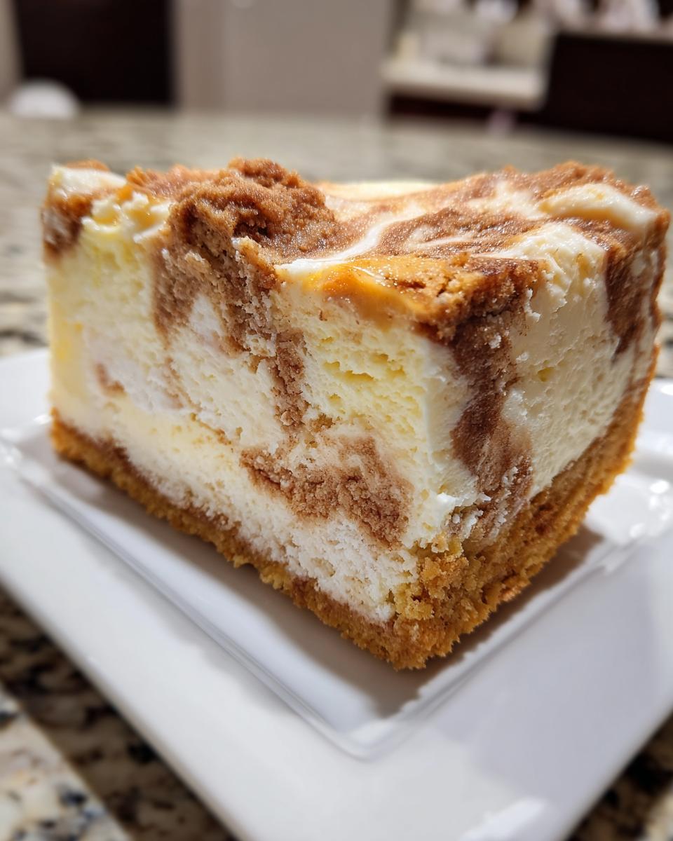 Close-up of a rich slice of sugar cookie cheesecake with a marbled brown topping and thick crust.